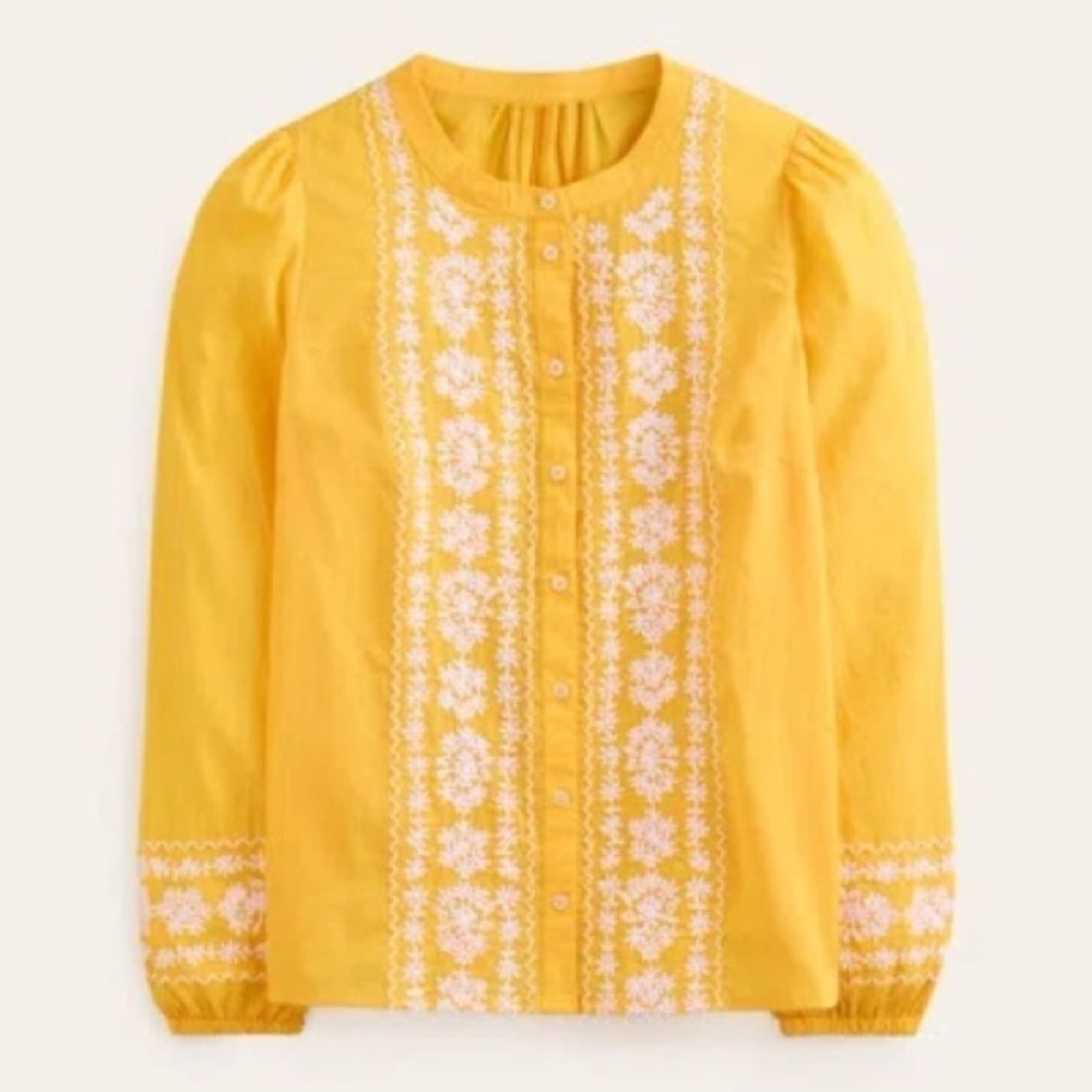 Boden Yellow Embroidered Button-Front Blouse